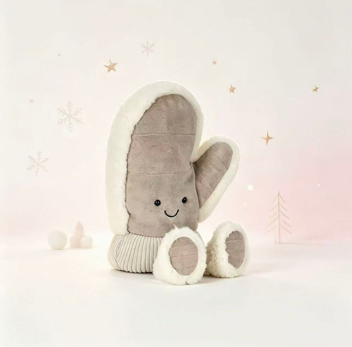 Jellycat Amuseables Fitswell Mitten 27cm taupe and cream winter plush