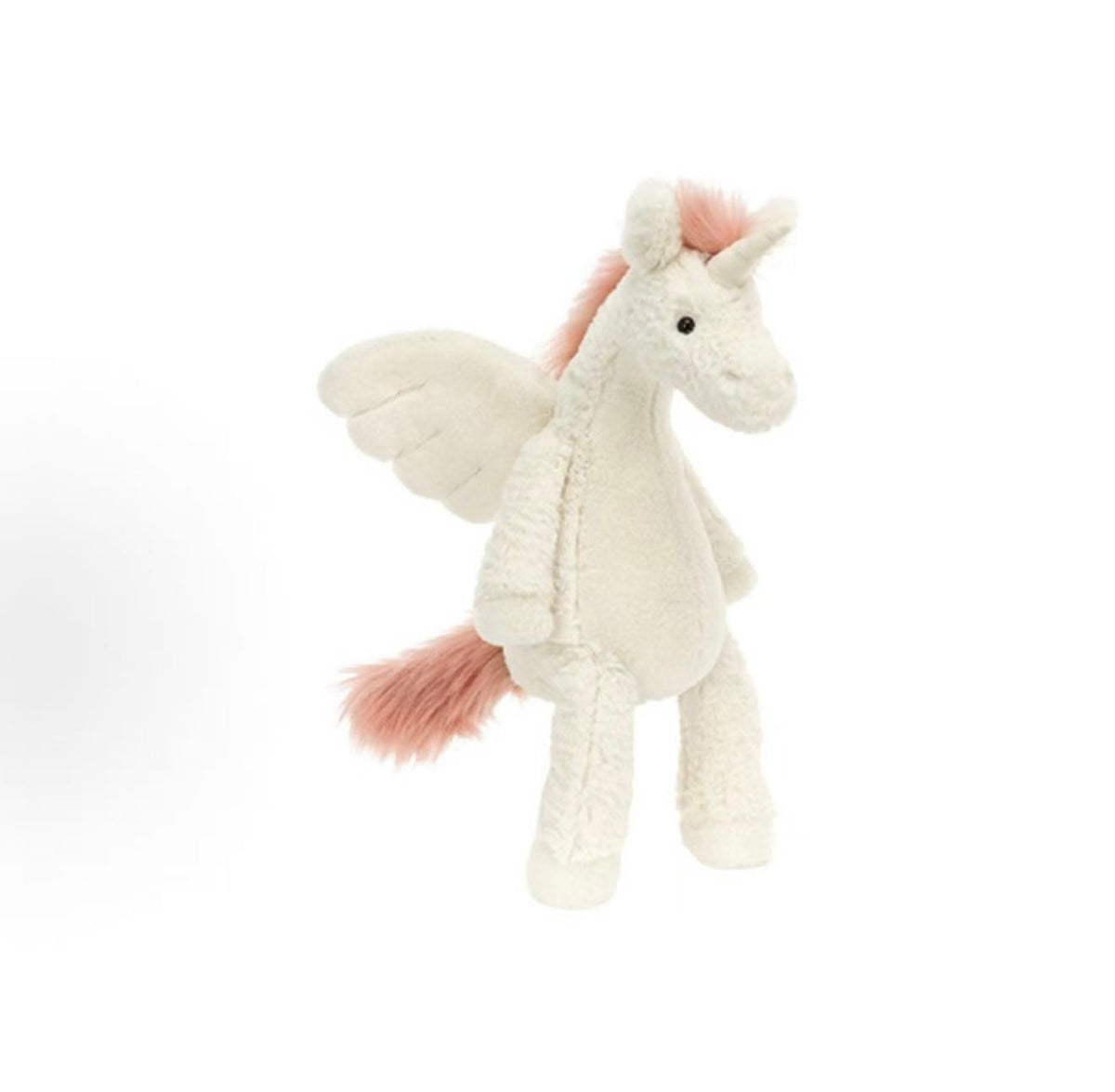 Jellycat Bashful Pegasus Original 31cm cream winged plush with pink mane, three-quarter view