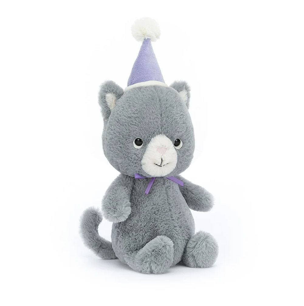 Jellycat Jollipop Cat 20cm plush front view with purple party hat