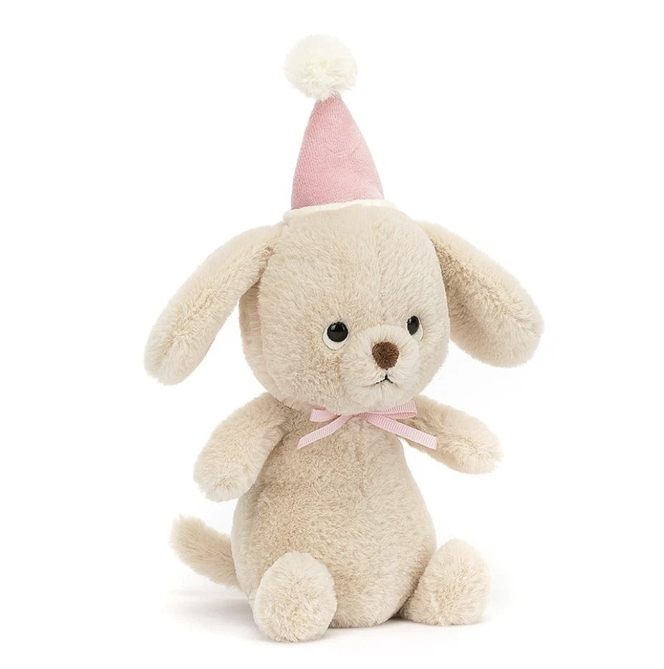 Jellycat Jollipop Puppy 20cm plush front view with pink party hat
