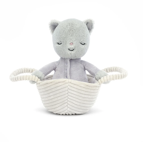 Jellycat Rock-a-Bye Kitten 19cm sitting in basket