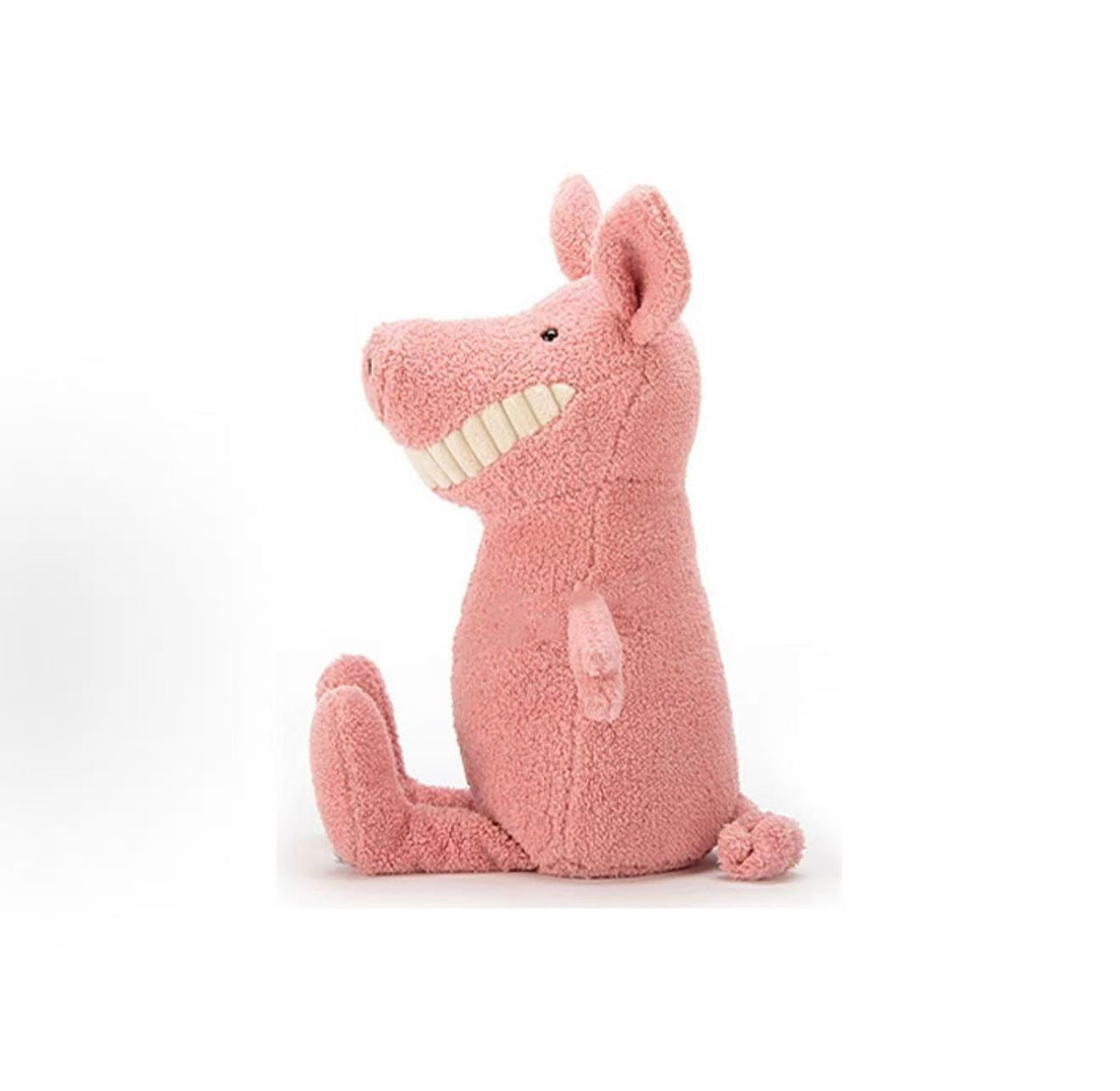 Jellycat Toothy Pig 36cm pink plush with toothy grin, side view