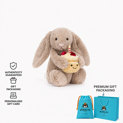 Jellycat Bashful Beige Bunny 'Birthday' Medium, 31cm Gift set