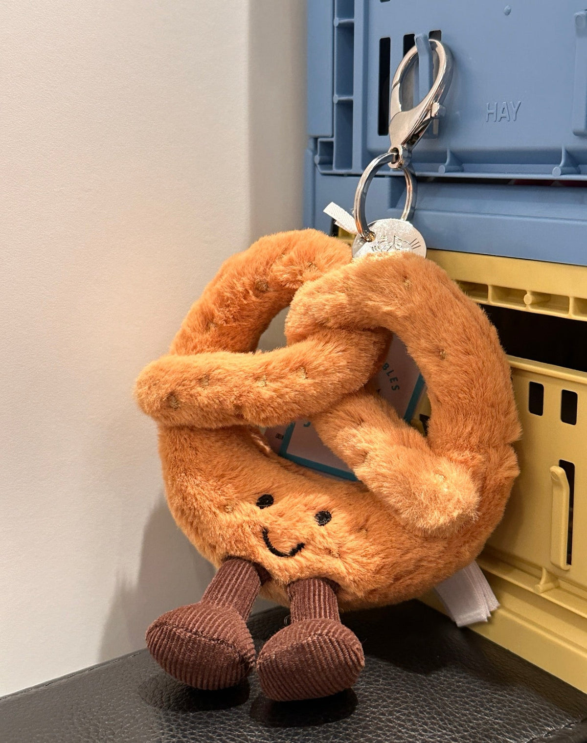 Authentic Jellycat Amuseables Pretzel Bag Charm lifestyle view