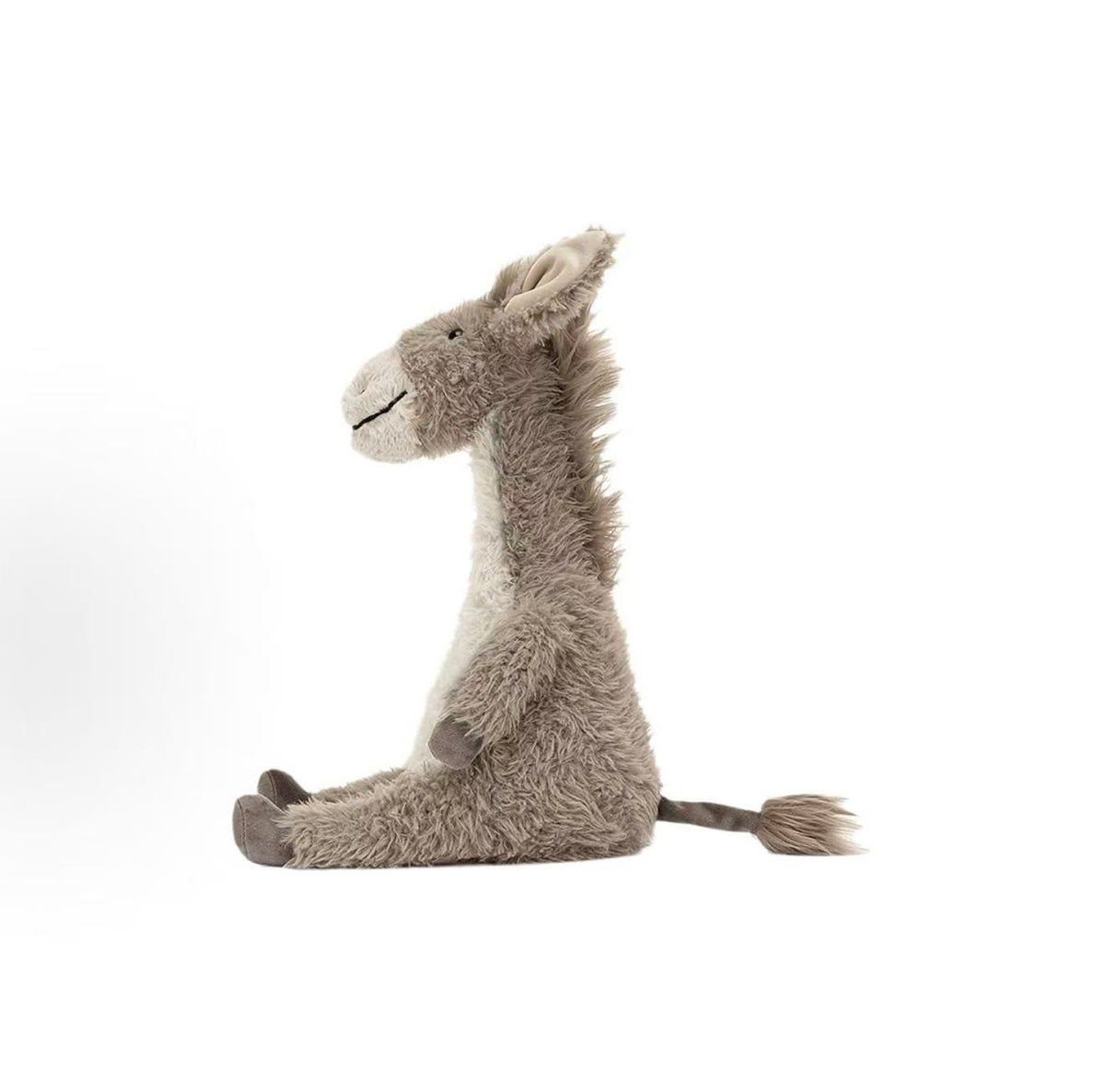 Jellycat Dario Donkey 36cm grey plush, side view with long ears and tail