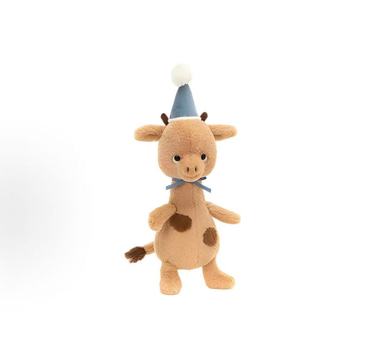 Jellycat Jollipop Giraffe 23cm cocoa-custard plush with blue party hat, front view