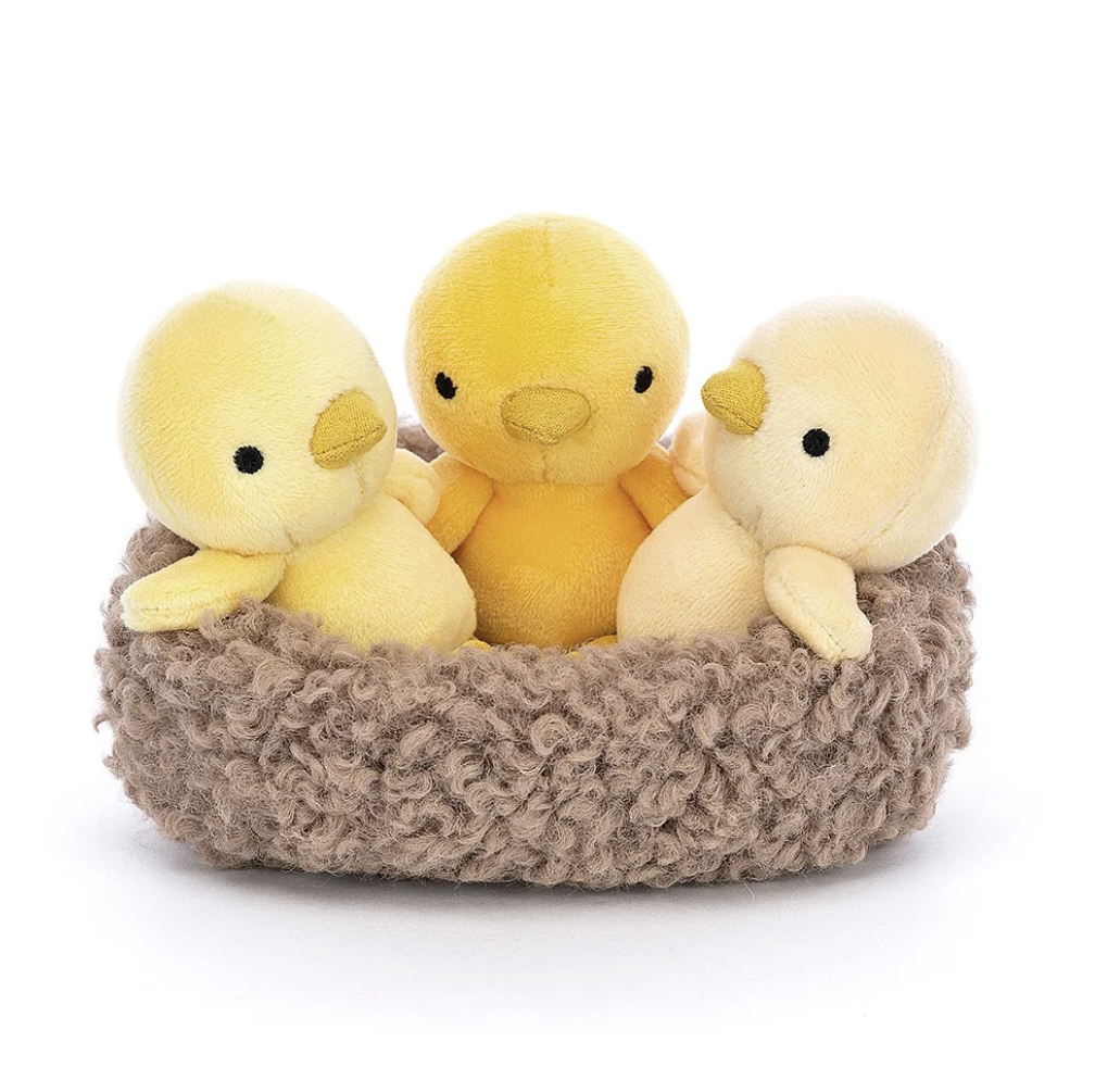 Jellycat Nesting Chickies 13cm three chick plush set in soft nest