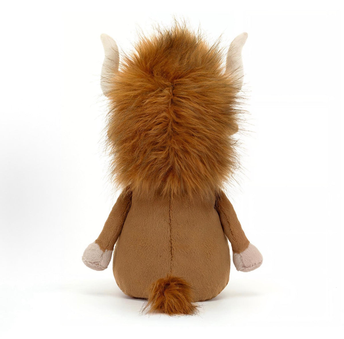Rear view of Jellycat Ramone Bull 33cm with long ginger mane and tufted tail