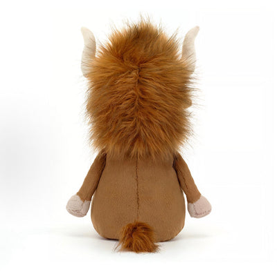 Rear view of Jellycat Ramone Bull 33cm with long ginger mane and tufted tail
