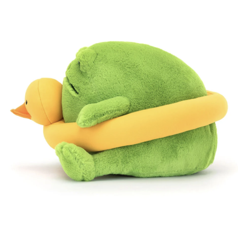Jellycat Ricky Rain Frog with yellow duck rubber ring side view