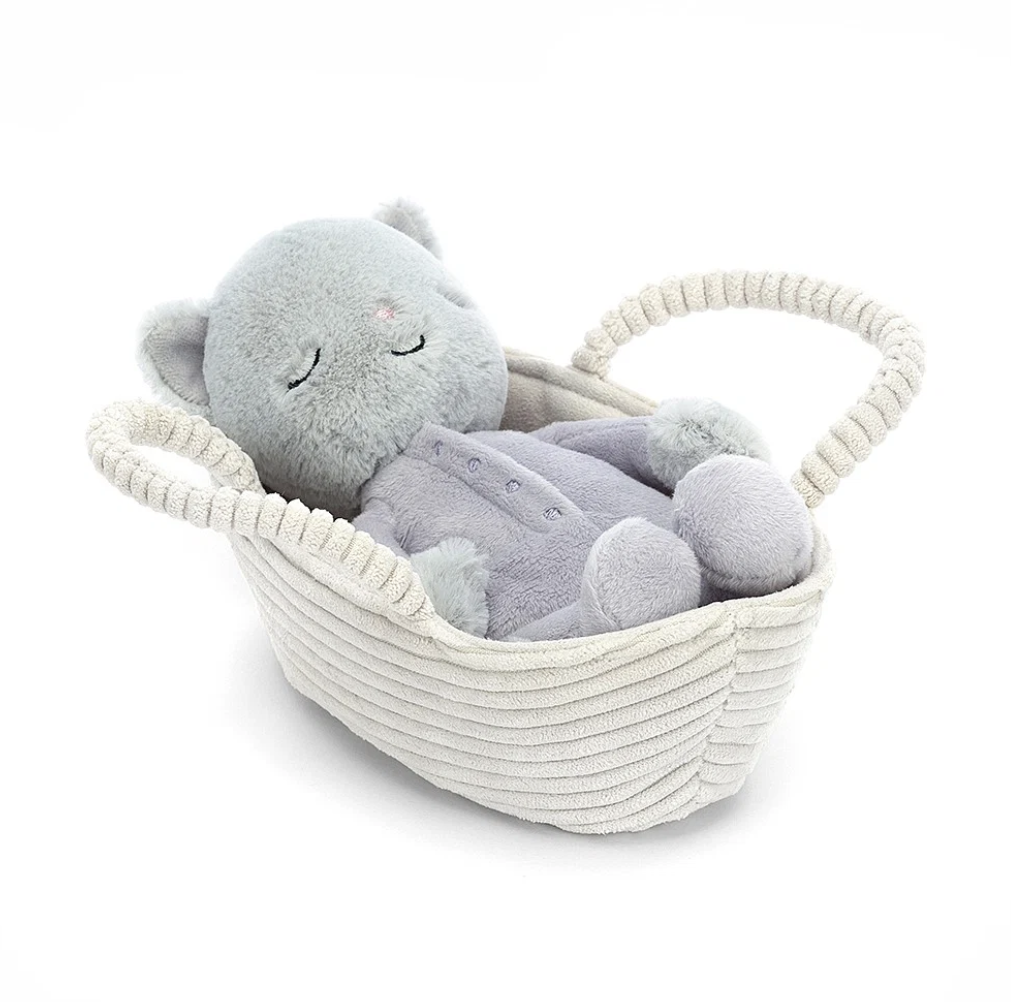 Jellycat Rock-a-Bye Kitten 19cm in carry basket