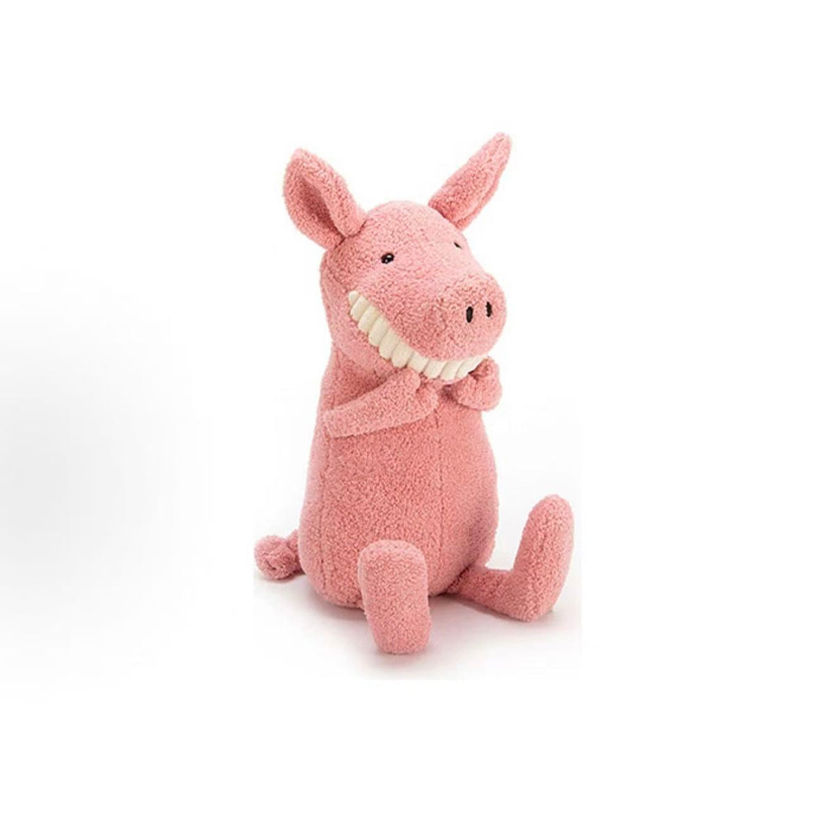 Jellycat Toothy Pig 36cm pink plush with toothy grin, side view