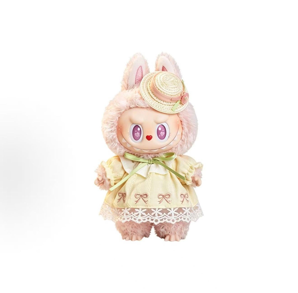 Front view of POP MART MOKOKO pink plush pendant in a yellow lace-trim dress, green ribbon and straw-style hat